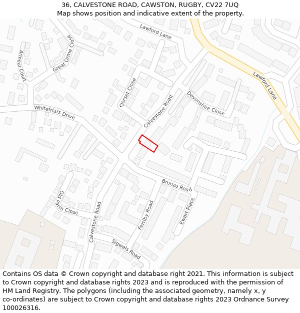 36, CALVESTONE ROAD, CAWSTON, RUGBY, CV22 7UQ: Location map and indicative extent of plot