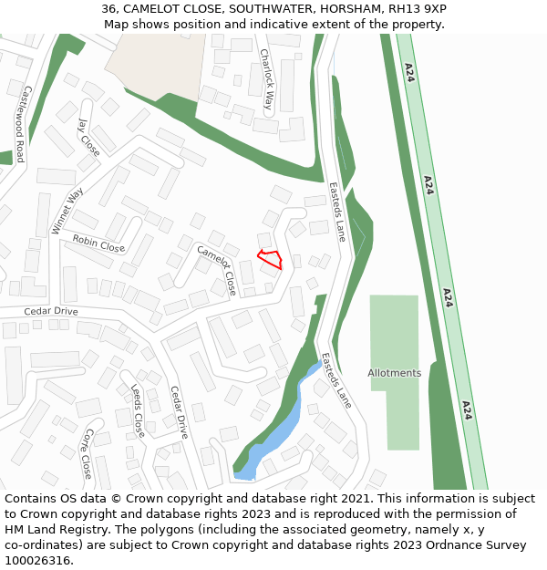 36, CAMELOT CLOSE, SOUTHWATER, HORSHAM, RH13 9XP: Location map and indicative extent of plot