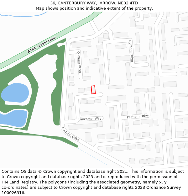 36, CANTERBURY WAY, JARROW, NE32 4TD: Location map and indicative extent of plot