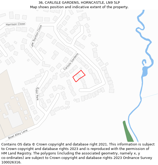 36, CARLISLE GARDENS, HORNCASTLE, LN9 5LP: Location map and indicative extent of plot