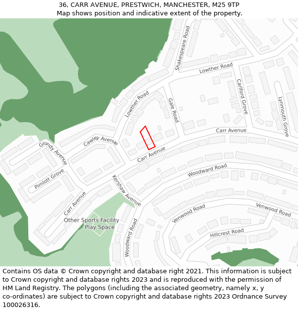 36, CARR AVENUE, PRESTWICH, MANCHESTER, M25 9TP: Location map and indicative extent of plot