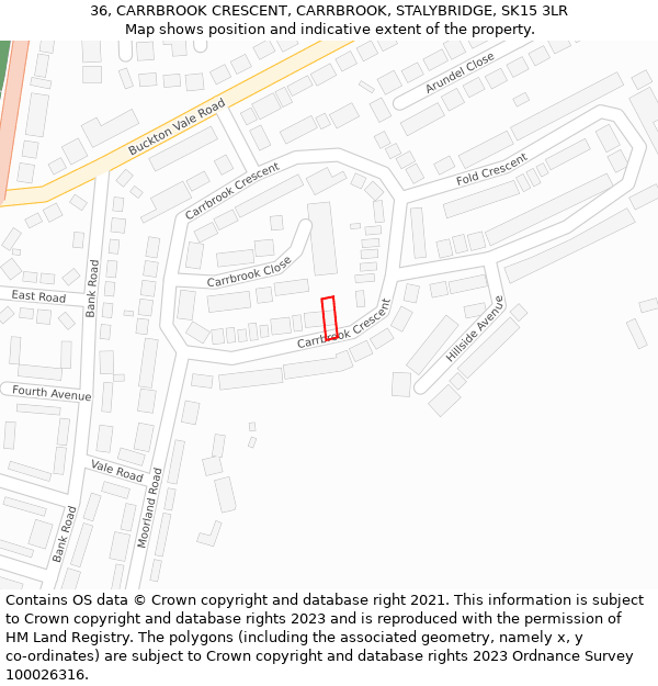 36, CARRBROOK CRESCENT, CARRBROOK, STALYBRIDGE, SK15 3LR: Location map and indicative extent of plot