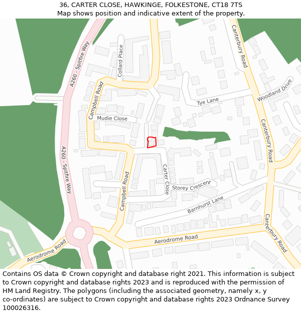 36, CARTER CLOSE, HAWKINGE, FOLKESTONE, CT18 7TS: Location map and indicative extent of plot