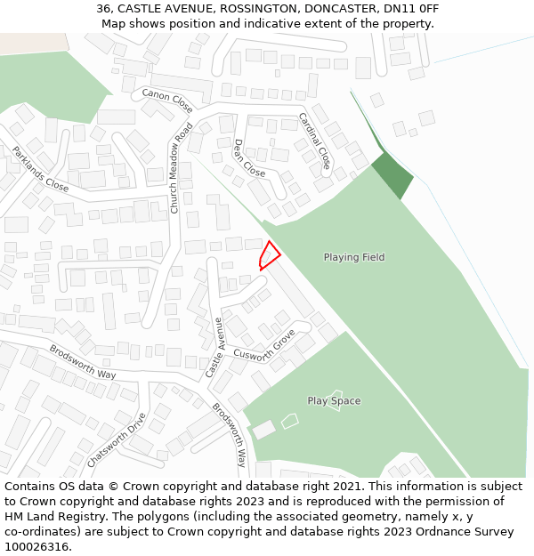 36, CASTLE AVENUE, ROSSINGTON, DONCASTER, DN11 0FF: Location map and indicative extent of plot
