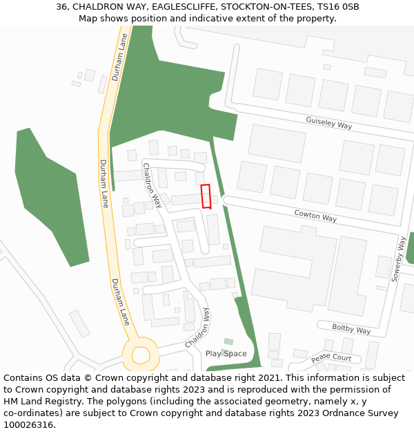36, CHALDRON WAY, EAGLESCLIFFE, STOCKTON-ON-TEES, TS16 0SB: Location map and indicative extent of plot
