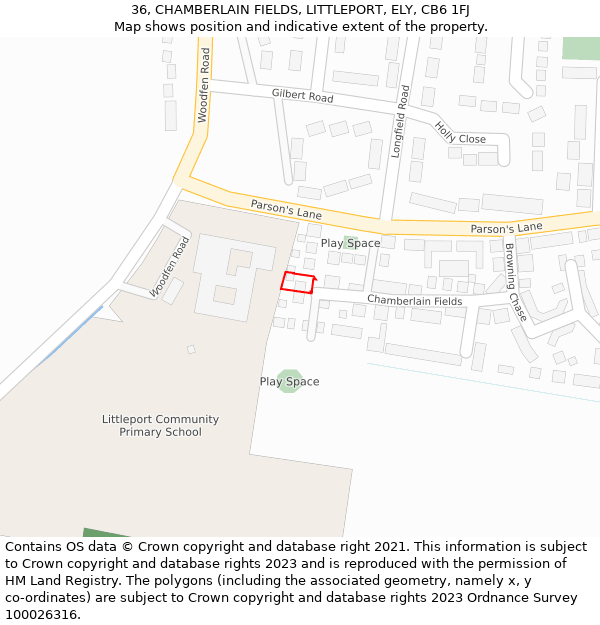 36, CHAMBERLAIN FIELDS, LITTLEPORT, ELY, CB6 1FJ: Location map and indicative extent of plot