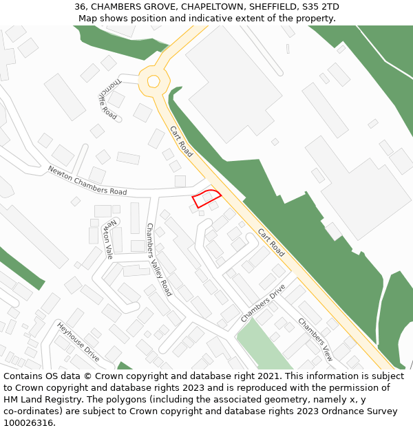 36, CHAMBERS GROVE, CHAPELTOWN, SHEFFIELD, S35 2TD: Location map and indicative extent of plot