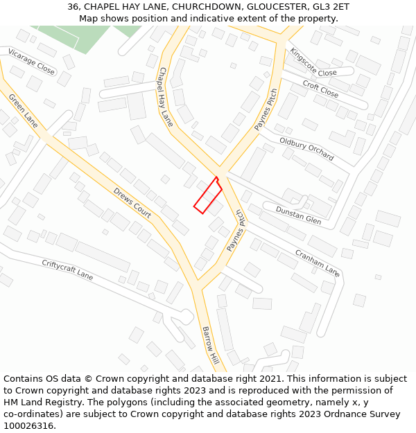 36, CHAPEL HAY LANE, CHURCHDOWN, GLOUCESTER, GL3 2ET: Location map and indicative extent of plot