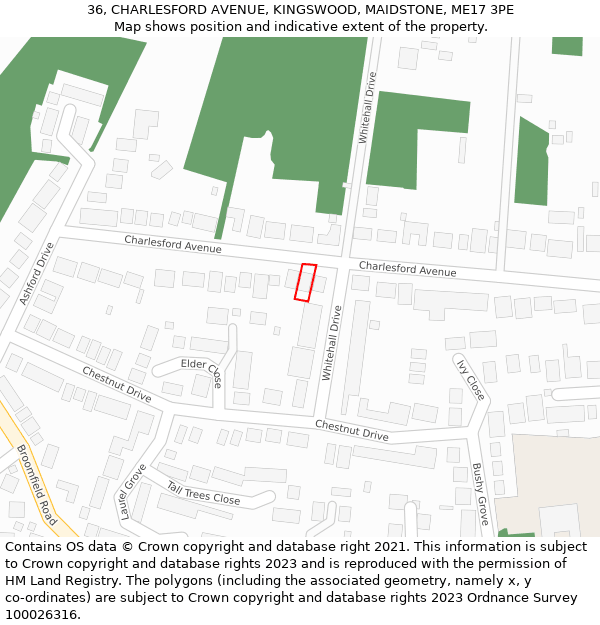 36, CHARLESFORD AVENUE, KINGSWOOD, MAIDSTONE, ME17 3PE: Location map and indicative extent of plot