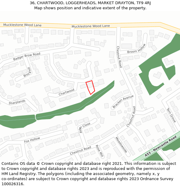 36, CHARTWOOD, LOGGERHEADS, MARKET DRAYTON, TF9 4RJ: Location map and indicative extent of plot