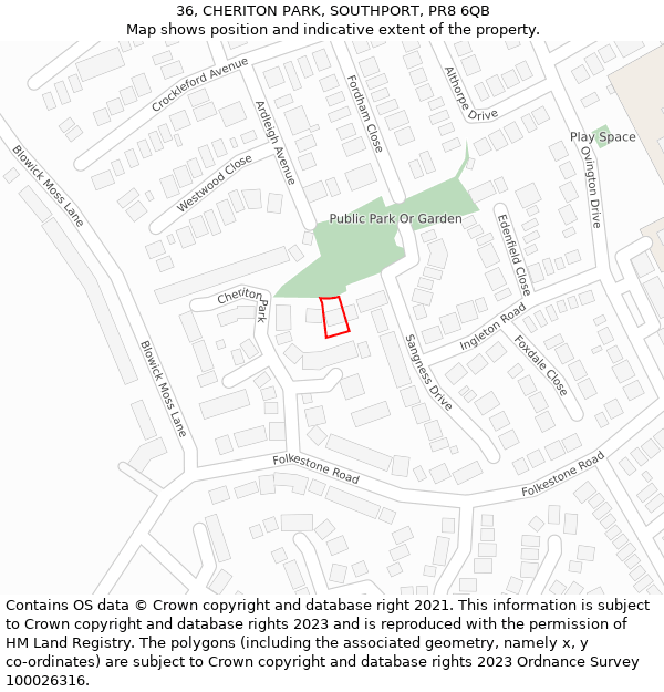 36, CHERITON PARK, SOUTHPORT, PR8 6QB: Location map and indicative extent of plot