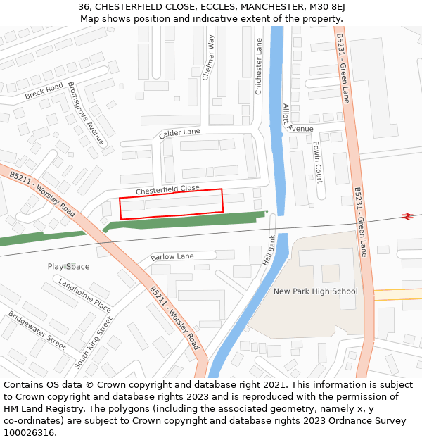 36, CHESTERFIELD CLOSE, ECCLES, MANCHESTER, M30 8EJ: Location map and indicative extent of plot