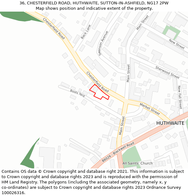 36, CHESTERFIELD ROAD, HUTHWAITE, SUTTON-IN-ASHFIELD, NG17 2PW: Location map and indicative extent of plot