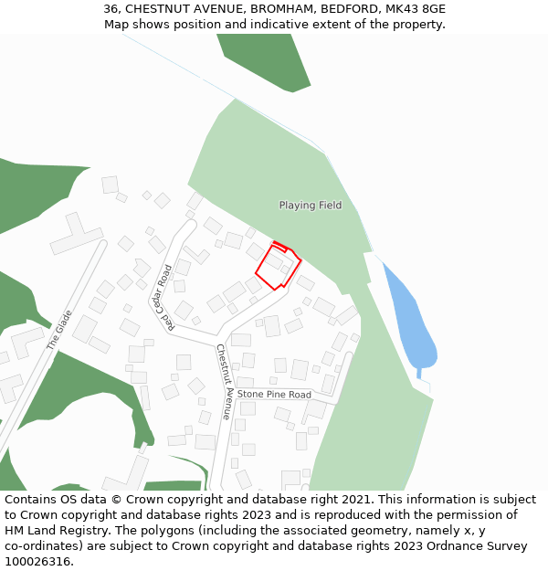36, CHESTNUT AVENUE, BROMHAM, BEDFORD, MK43 8GE: Location map and indicative extent of plot