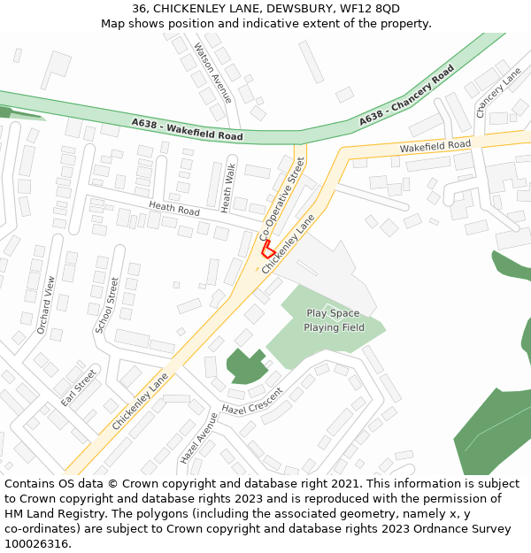 36, CHICKENLEY LANE, DEWSBURY, WF12 8QD: Location map and indicative extent of plot