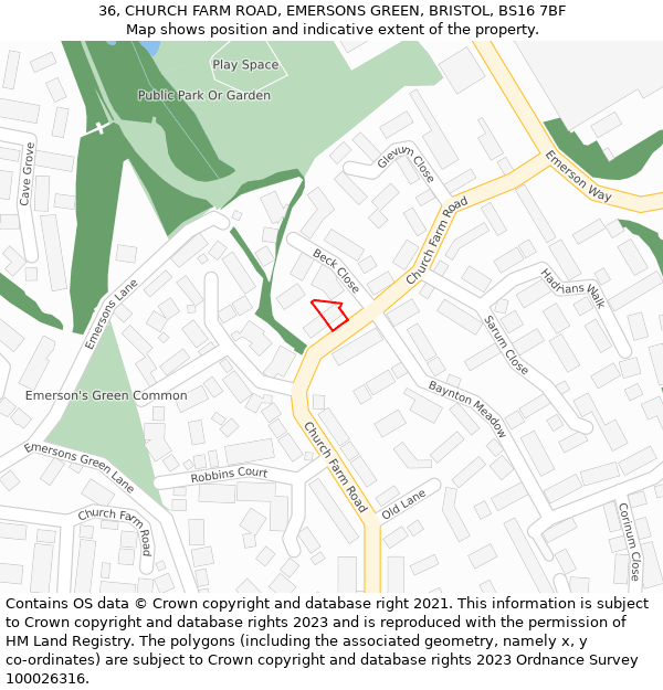 36, CHURCH FARM ROAD, EMERSONS GREEN, BRISTOL, BS16 7BF: Location map and indicative extent of plot