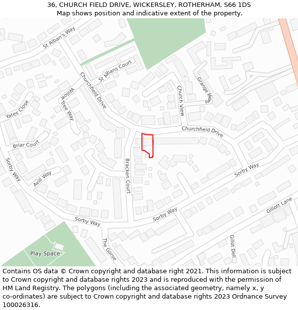 36, CHURCH FIELD DRIVE, WICKERSLEY, ROTHERHAM, S66 1DS: Location map and indicative extent of plot