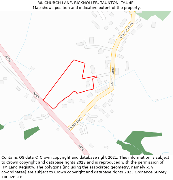 36, CHURCH LANE, BICKNOLLER, TAUNTON, TA4 4EL: Location map and indicative extent of plot