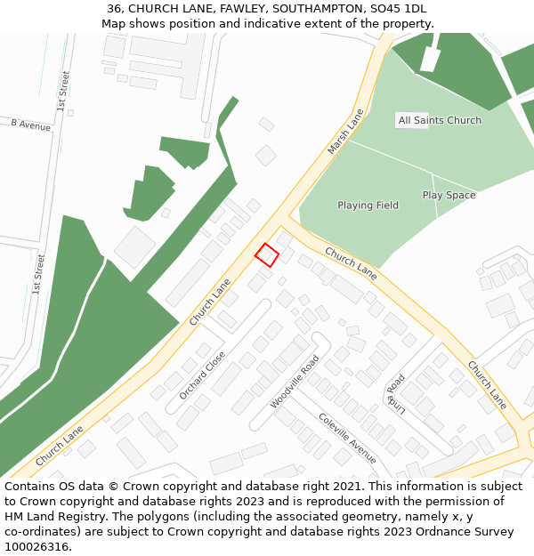 36, CHURCH LANE, FAWLEY, SOUTHAMPTON, SO45 1DL: Location map and indicative extent of plot