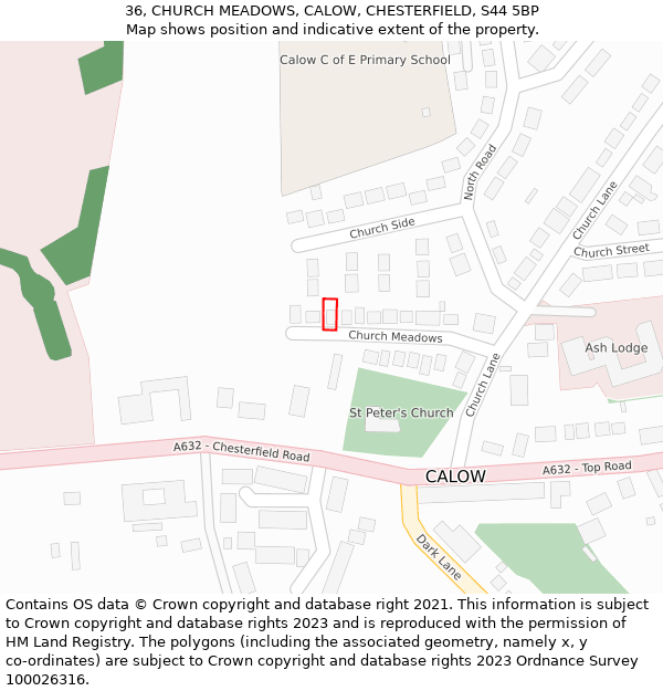 36, CHURCH MEADOWS, CALOW, CHESTERFIELD, S44 5BP: Location map and indicative extent of plot