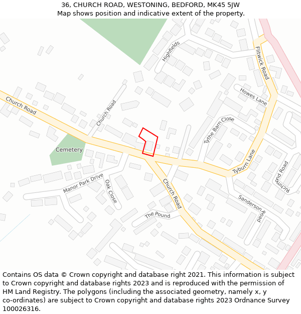 36, CHURCH ROAD, WESTONING, BEDFORD, MK45 5JW: Location map and indicative extent of plot