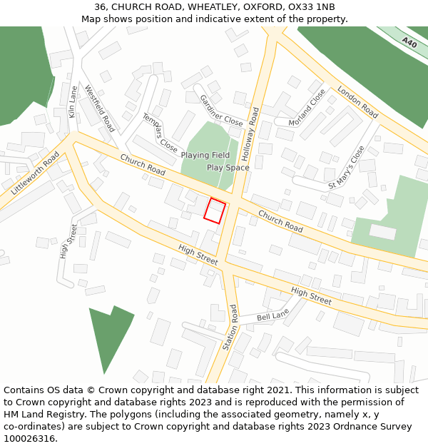 36, CHURCH ROAD, WHEATLEY, OXFORD, OX33 1NB: Location map and indicative extent of plot