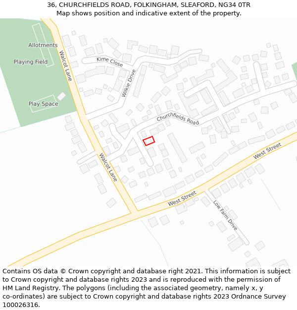 36, CHURCHFIELDS ROAD, FOLKINGHAM, SLEAFORD, NG34 0TR: Location map and indicative extent of plot
