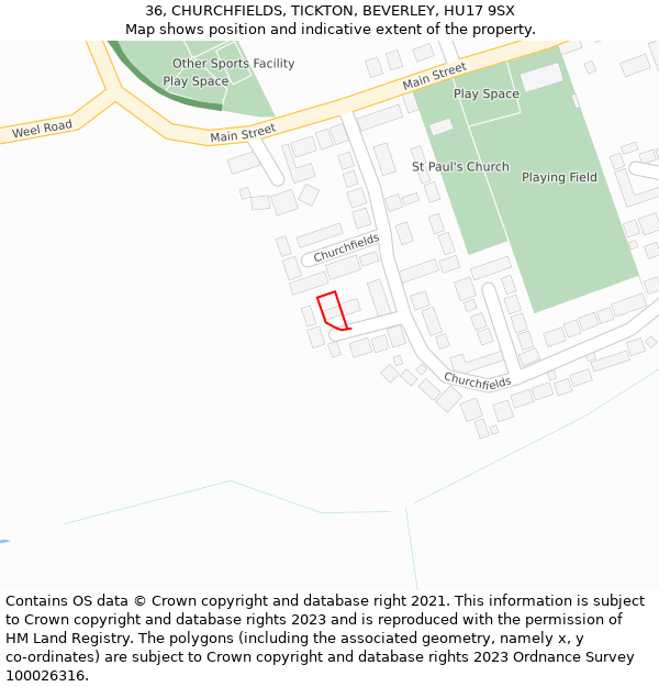 36, CHURCHFIELDS, TICKTON, BEVERLEY, HU17 9SX: Location map and indicative extent of plot