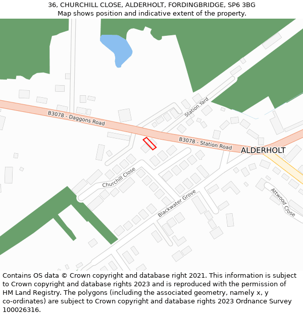 36, CHURCHILL CLOSE, ALDERHOLT, FORDINGBRIDGE, SP6 3BG: Location map and indicative extent of plot