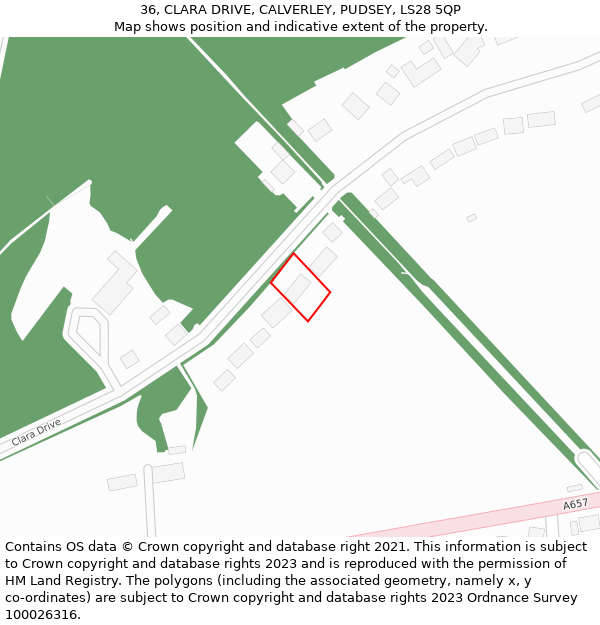 36, CLARA DRIVE, CALVERLEY, PUDSEY, LS28 5QP: Location map and indicative extent of plot