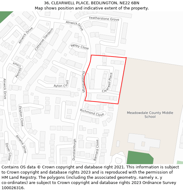 36, CLEARWELL PLACE, BEDLINGTON, NE22 6BN: Location map and indicative extent of plot