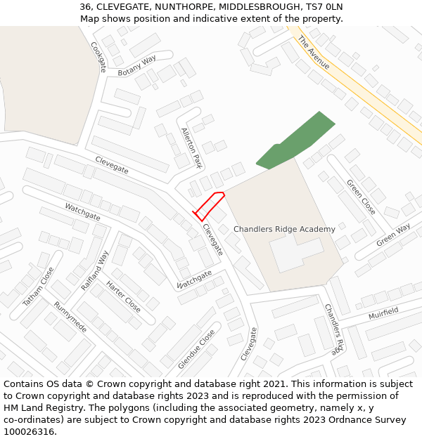 36, CLEVEGATE, NUNTHORPE, MIDDLESBROUGH, TS7 0LN: Location map and indicative extent of plot