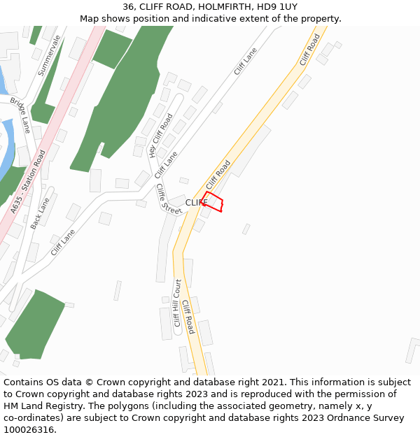 36, CLIFF ROAD, HOLMFIRTH, HD9 1UY: Location map and indicative extent of plot