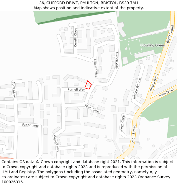 36, CLIFFORD DRIVE, PAULTON, BRISTOL, BS39 7AH: Location map and indicative extent of plot