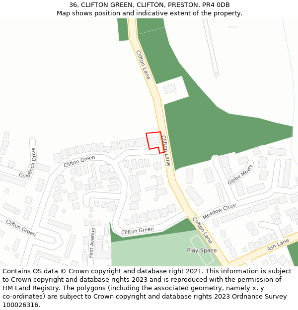 36, CLIFTON GREEN, CLIFTON, PRESTON, PR4 0DB: Location map and indicative extent of plot
