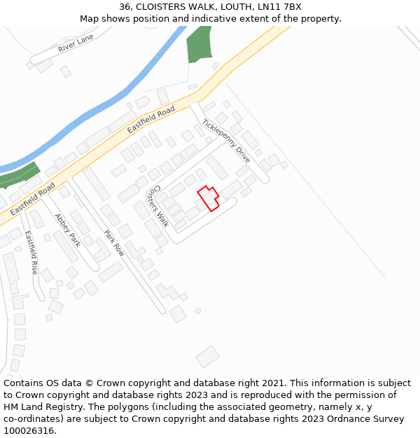 36, CLOISTERS WALK, LOUTH, LN11 7BX: Location map and indicative extent of plot