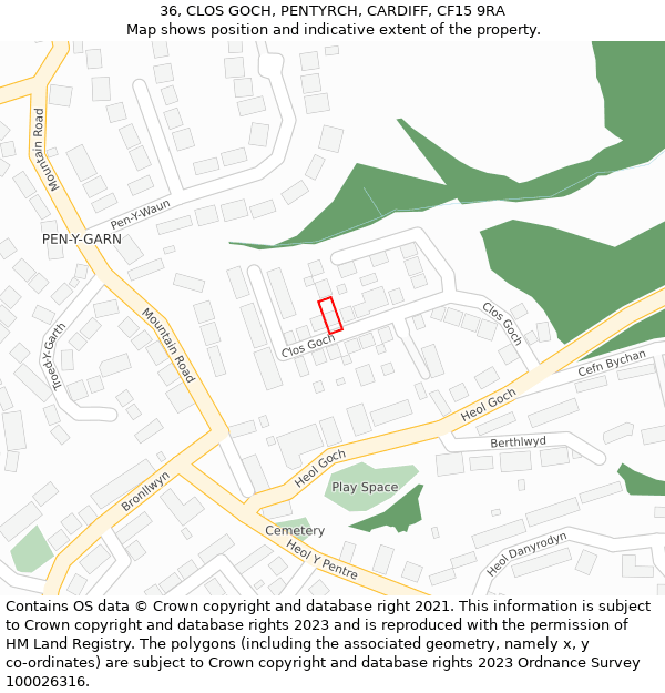 36, CLOS GOCH, PENTYRCH, CARDIFF, CF15 9RA: Location map and indicative extent of plot