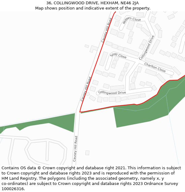 36, COLLINGWOOD DRIVE, HEXHAM, NE46 2JA: Location map and indicative extent of plot