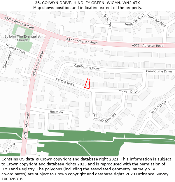 36, COLWYN DRIVE, HINDLEY GREEN, WIGAN, WN2 4TX: Location map and indicative extent of plot