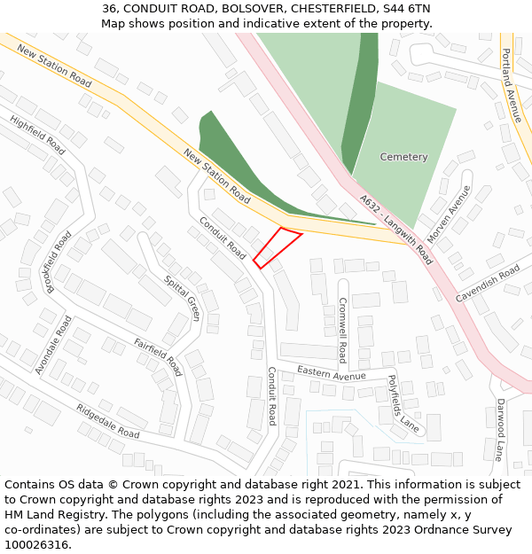 36, CONDUIT ROAD, BOLSOVER, CHESTERFIELD, S44 6TN: Location map and indicative extent of plot