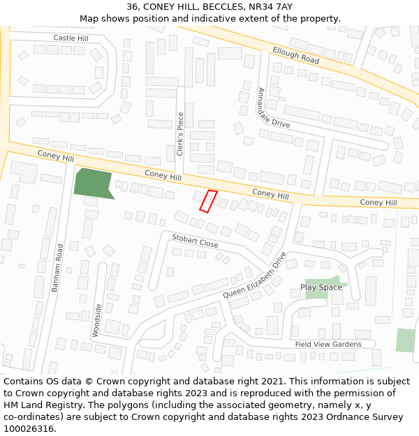 36, CONEY HILL, BECCLES, NR34 7AY: Location map and indicative extent of plot