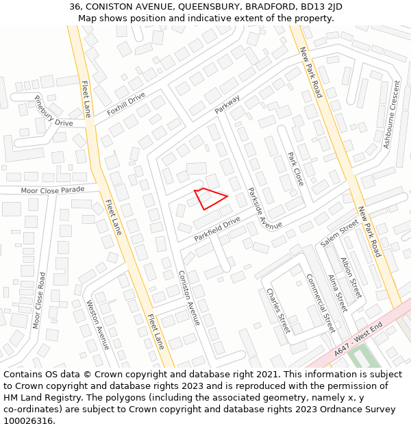 36, CONISTON AVENUE, QUEENSBURY, BRADFORD, BD13 2JD: Location map and indicative extent of plot