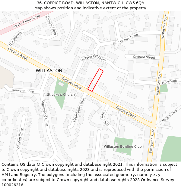 36, COPPICE ROAD, WILLASTON, NANTWICH, CW5 6QA: Location map and indicative extent of plot