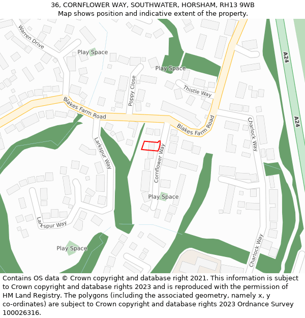 36, CORNFLOWER WAY, SOUTHWATER, HORSHAM, RH13 9WB: Location map and indicative extent of plot