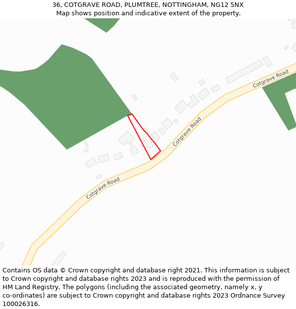 36, COTGRAVE ROAD, PLUMTREE, NOTTINGHAM, NG12 5NX: Location map and indicative extent of plot