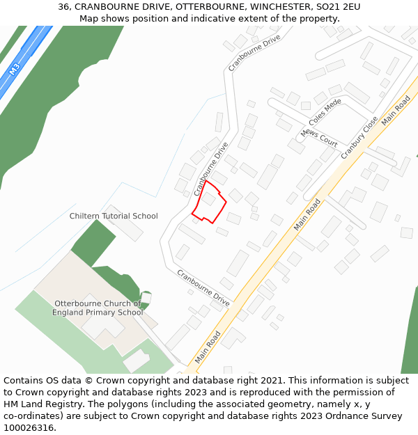 36, CRANBOURNE DRIVE, OTTERBOURNE, WINCHESTER, SO21 2EU: Location map and indicative extent of plot