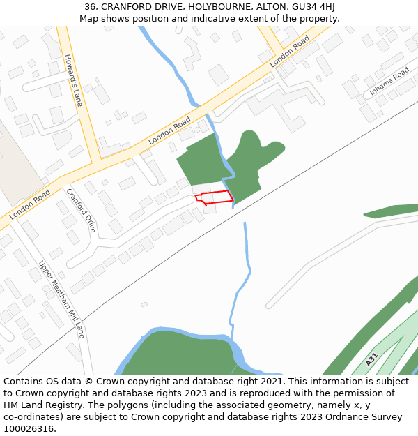 36, CRANFORD DRIVE, HOLYBOURNE, ALTON, GU34 4HJ: Location map and indicative extent of plot