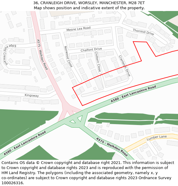 36, CRANLEIGH DRIVE, WORSLEY, MANCHESTER, M28 7ET: Location map and indicative extent of plot