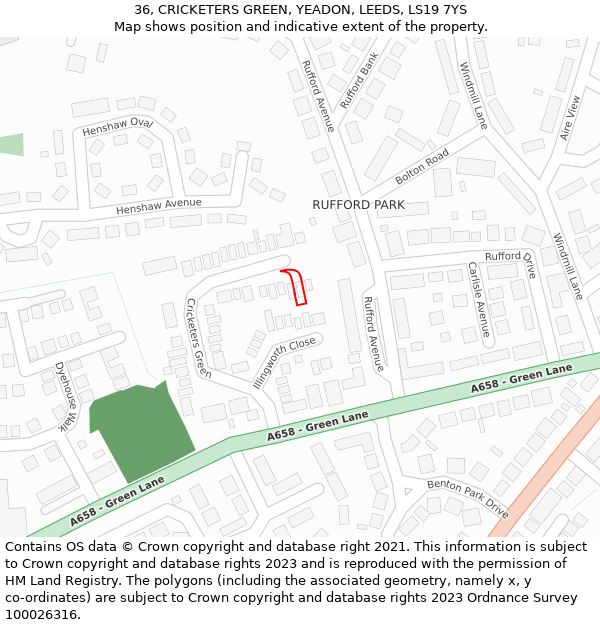 36, CRICKETERS GREEN, YEADON, LEEDS, LS19 7YS: Location map and indicative extent of plot