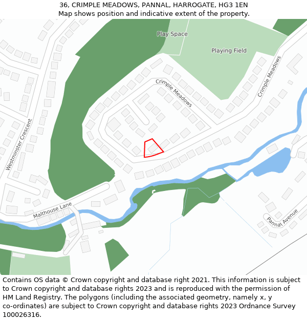 36, CRIMPLE MEADOWS, PANNAL, HARROGATE, HG3 1EN: Location map and indicative extent of plot